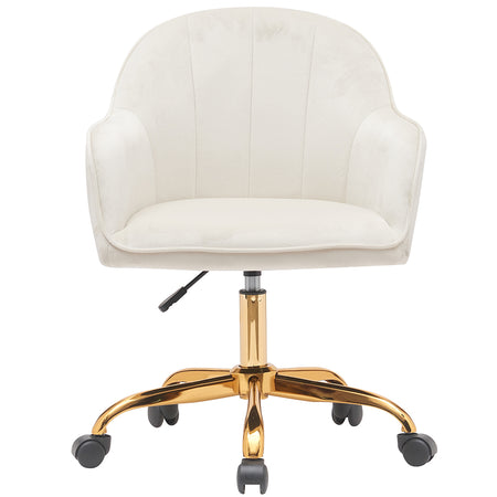 Sedia Poltrona Girevole Casa Ufficio in Velluto Crema e Metallo Oro 5 ruote Elegante