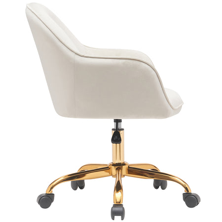 Sedia Poltrona Girevole Casa Ufficio in Velluto Crema e Metallo Oro 5 ruote Elegante