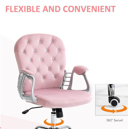 Sedia da Ufficio Elegante in Velluto Rosa Poltrona Imbottita da Scrivania con 5Ruote