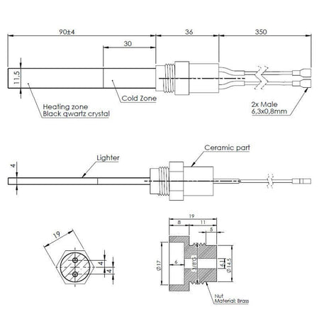 Resistenza accensione per stufe a pellet in cristalli di quarzo nero con raccordo filettato 3/8" GAS 14701058