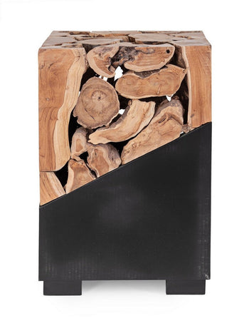 Tavolino "Grenada" base in acciaio e piano in radici di teak per interni