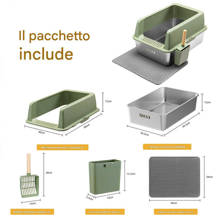 Lettiera per Gatti Verde in Acciaio con Tappetino Capacità 35 Litri con Paletta