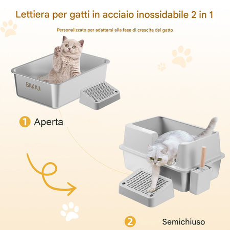 Lettiera per Gatti Acciaio con Tappetino e Supporto Anti Sabbiolina Capacità 35L