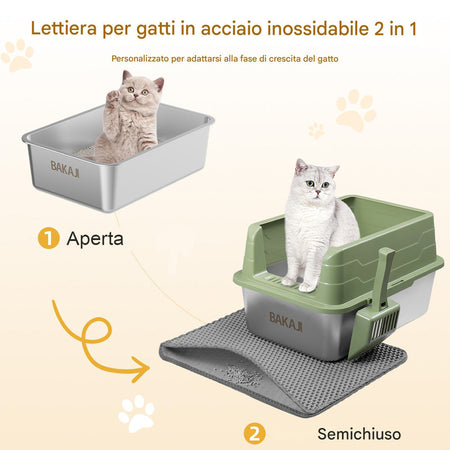 Lettiera per Gatti Verde in Acciaio con Tappetino Capacità 25 Litri con Paletta