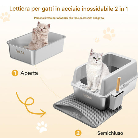 Lettiera per Gatti Grigia in Acciaio con Tappetino Capacità 35 Litri con Paletta