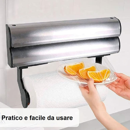 Porta Rotoli da Cucina 3in1 con Taglierino Acciaio da Parete Carta Pellicola Alluminio