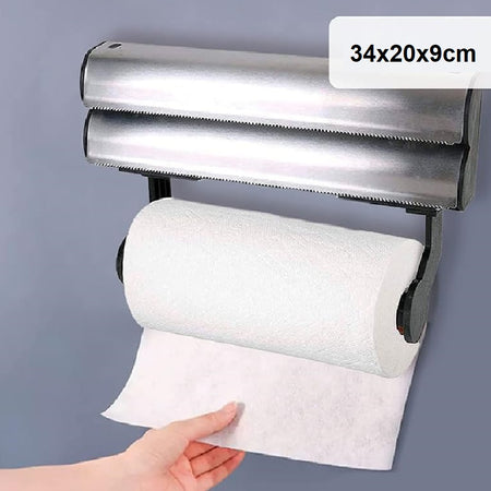 Porta Rotoli da Cucina 3in1 con Taglierino Acciaio da Parete Carta Pellicola Alluminio