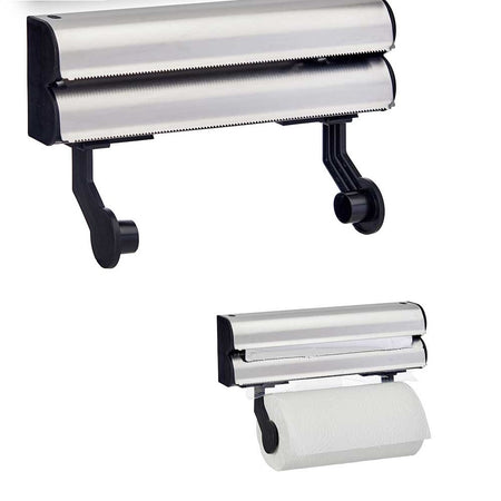 Porta Rotoli da Cucina 3in1 con Taglierino Acciaio da Parete Carta Pellicola Alluminio