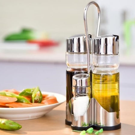 Oliera Acciaio e Vetro 4 pezzi Cucina Porta Olio Aceto Sale Pepe con Supporto