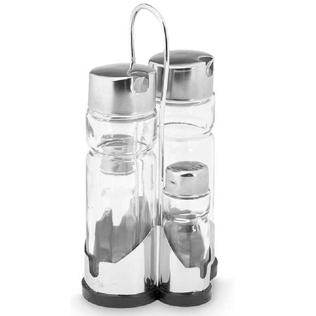 Oliera Acciaio e Vetro 4 pezzi Cucina Porta Olio Aceto Sale Pepe con Supporto