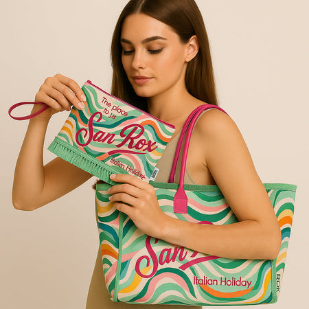 Set Borsa e Pochette Mare Design Fantasy con Frange Borsetta Organizer da Mare