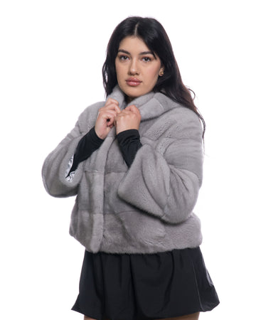 Licia - Giacca Donna Avorio in vera pelliccia di Visone con Cappuccio