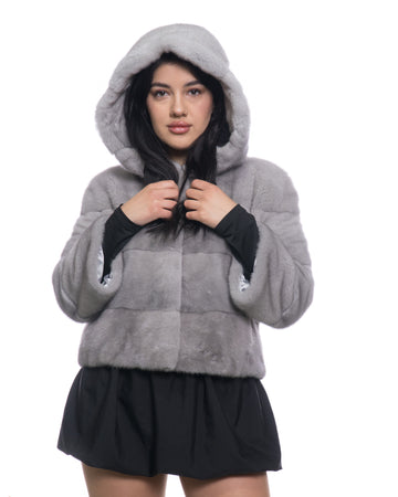 Licia - Giacca Donna Avorio in vera pelliccia di Visone con Cappuccio