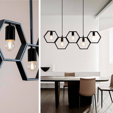 Lampadario Sospensione Geometrico Esagonale E27 Industriale Nero Vintage Lp-89n