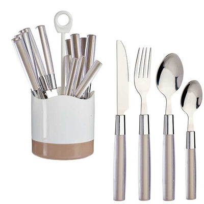 Kit 16 Posate Acciaio Manico Marrone con Supporto Scolaposate Design Moderno