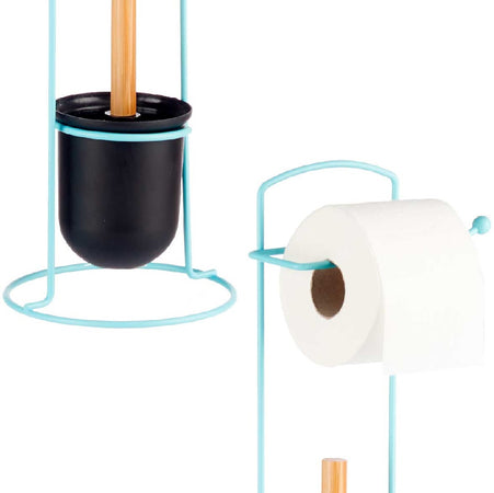 Piantana da Bagno Porta Rotolo Porta Scopino Metallo Blu con bambù Salvaspazio