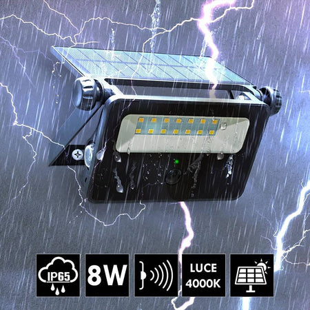 Faretto Solare Ip65 Ricaricabile Parete Sensore Crepuscolare Movimento Led 8 W