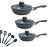 Set Padelle Induzione Pietra Antiaderenti 20/24/28 cm con Coperchi e 5mestoli Grigio