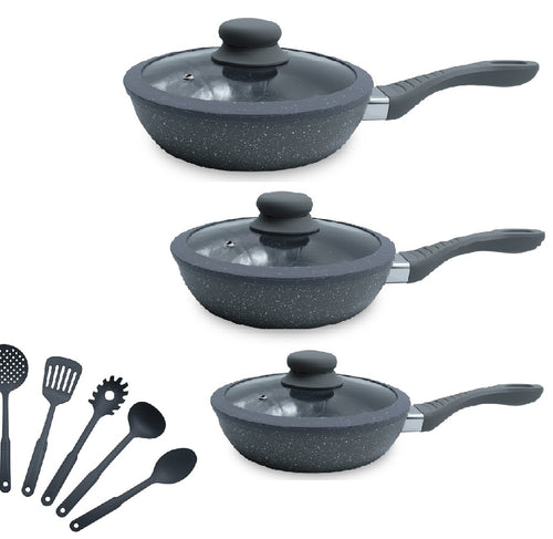 Set Padelle Induzione Pietra Antiaderenti 20/24/28 cm con Coperchi e 5mestoli Grigio