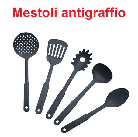 Set Padelle Induzione Pietra Antiaderenti 20/24/28 cm con Coperchi e 5mestoli Grigio