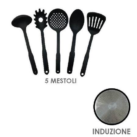 Set Padelle Induzione Pietra Antiaderenti 20/24/28 cm con Coperchi e 5mestoli Nero