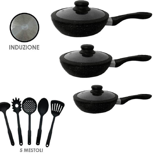 Set Padelle Induzione Pietra Antiaderenti 20/24/28 cm con Coperchi e 5mestoli Nero
