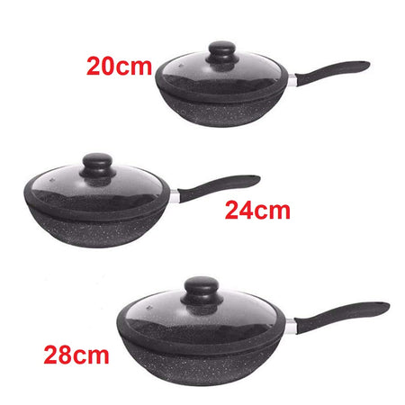 Set Padelle Induzione Pietra Antiaderenti 20/24/28 cm con Coperchi e 5mestoli Nero