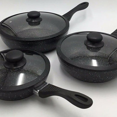 Set Padelle Induzione Pietra Antiaderenti 20/24/28 cm con Coperchi e 5mestoli Nero