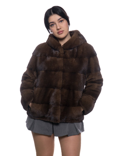Licia Bis - Giacca Donna Testa di Moro in vera pelliccia di Visone con Cappuccio
