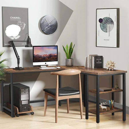 Scrivania Angolare Porta PC Stile Industriale con Libreria in Metallo e Legno mdf