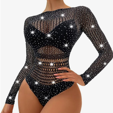 Body Con Strass In Rete Trasparente Sexy Donna Intimo In Pizzo Lingerie Babydoll