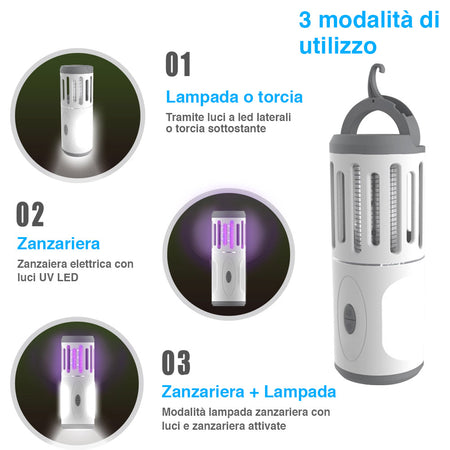 Zanzariera Elettrica LED 3in1 Torcia Anti zanzare Portatile Casa Campeggio