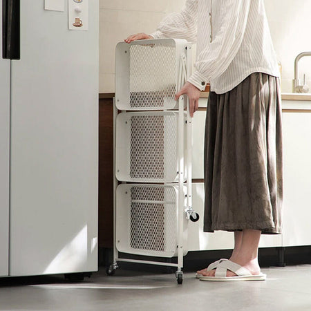 Carrello Cucina Slim Pieghevole 3Ripiani Metallo 4Ruote Freno Salvaspazio Bianco