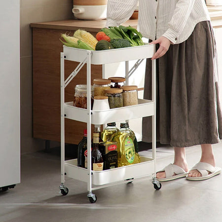 Carrello Cucina Slim Pieghevole 3Ripiani Metallo 4Ruote Freno Salvaspazio Bianco