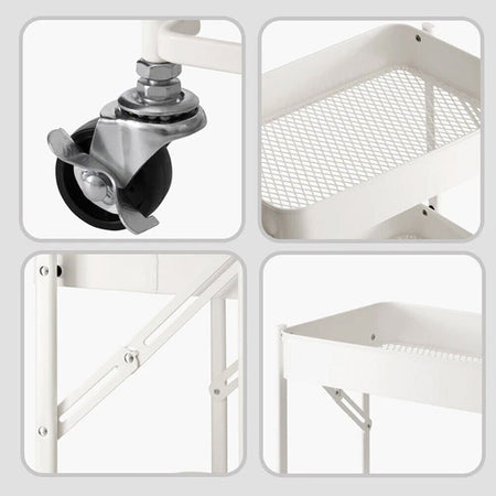 Carrello Cucina Slim Pieghevole 3Ripiani Metallo 4Ruote Freno Salvaspazio Bianco