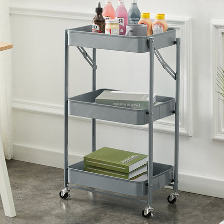 Carrello Cucina Slim Pieghevole 3Ripiani Metallo 4Ruote Freno Salvaspazio Grigio