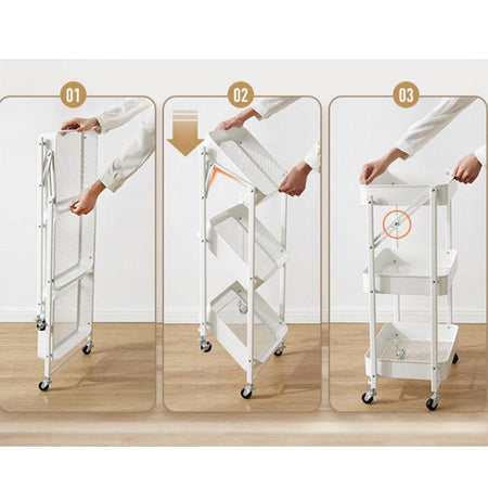 Carrello Cucina Slim Pieghevole 3Ripiani Metallo 4Ruote Freno Salvaspazio Grigio