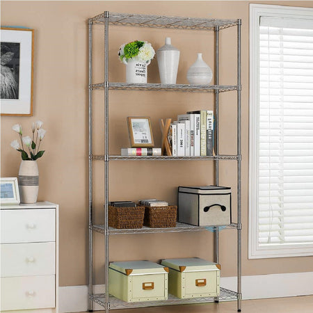 Scaffale 5 Ripiani Acciaio Inox 90x35H180cm Regolabile Libreria Mensole Multiuso