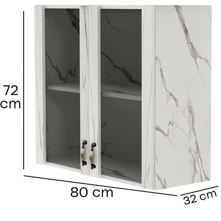 Pensile da Cucina Armadio Sospeso con Vetro da Parete Bianco Effetto Marmo