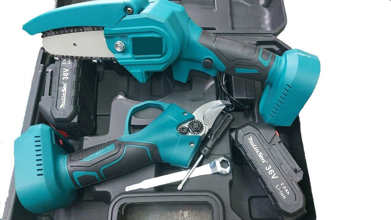 Kit Potatura 2 In 1 Forbici Cesoia + Mini Motosega Elettrico A Batteria 36v