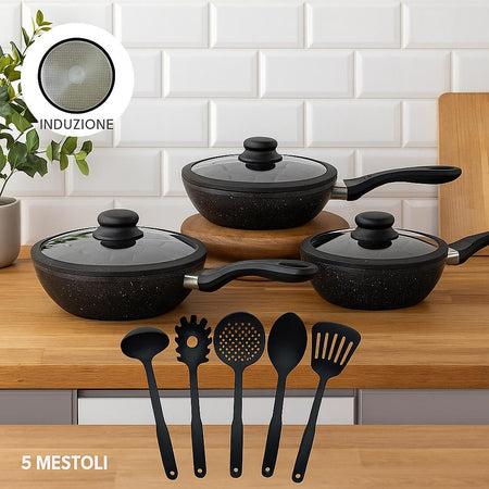 Set Padelle Induzione Pietra Antiaderenti 20/24/28 cm con Coperchi e 5mestoli Nero