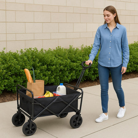 Carrello Pieghevole in Tessuto Oxford con 4Ruote in Gomma e Telaio in Acciaio Nero