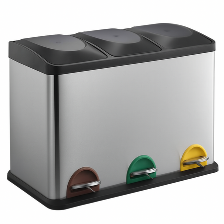 Pattumiera Raccolta Differenziata Acciaio 45LT 3 Scomparti con Pedale Silver Nero