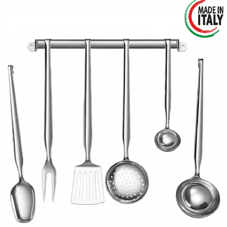 Set Mestoli Cucina Acciaio Inox 6 Pezzi con Barra da Parete – Made in Italy – Lavabili in Lavastoviglie