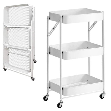 Carrello Cucina Slim Pieghevole 3Ripiani Metallo 4Ruote Freno Salvaspazio Bianco
