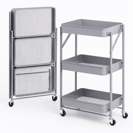 Carrello Cucina Slim Pieghevole 3Ripiani Metallo 4Ruote Freno Salvaspazio Grigio