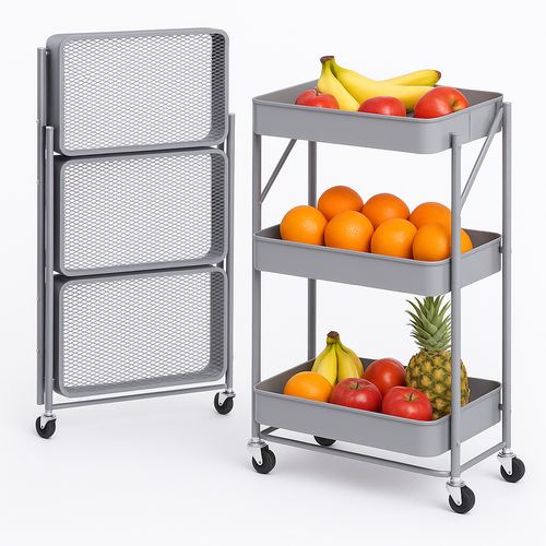 Carrello Cucina Slim Pieghevole 3Ripiani Metallo 4Ruote Freno Salvaspazio Grigio