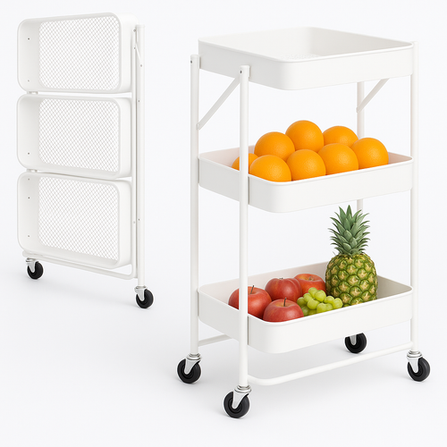 Carrello Cucina Slim Pieghevole 3Ripiani Metallo 4Ruote Freno Salvaspazio Bianco