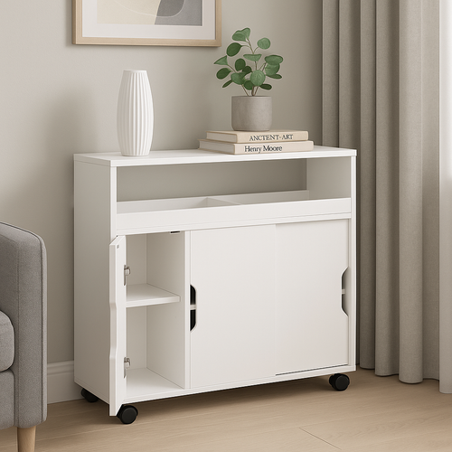 Carrello Portaoggetti Salvaspazio in Legno Bianco con 3Ante e 4Ruote Slim