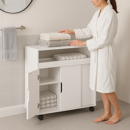 Carrello Portaoggetti Salvaspazio in Legno Bianco con 3Ante e 4Ruote Slim